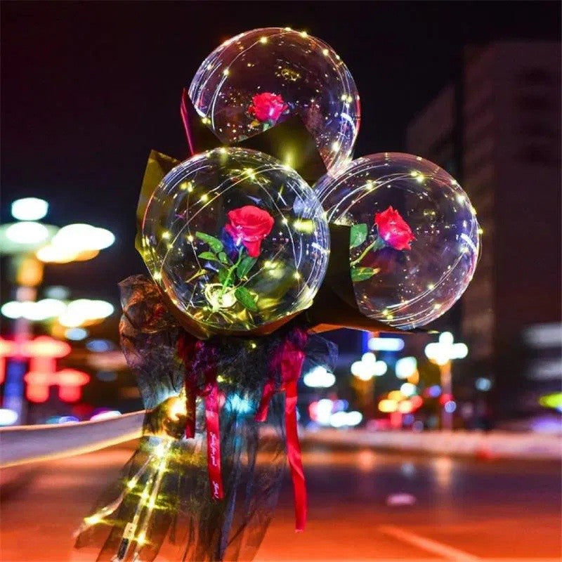 Buchet Trandafir Rosu In Balon Cu Lumini Led | Cuorelle 2 - vivimall.ro