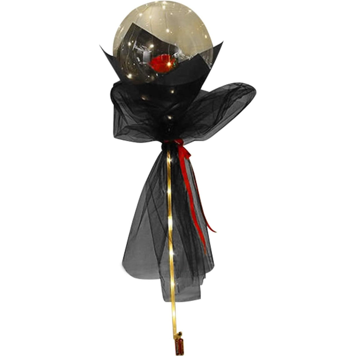 Buchet Decorativ, Vivimall, Trandafir in Balon cu Lumini Led, Diametru 35 cm, 2 x Baterii AA (neincluse), Rosu/Negru - vivimall.ro