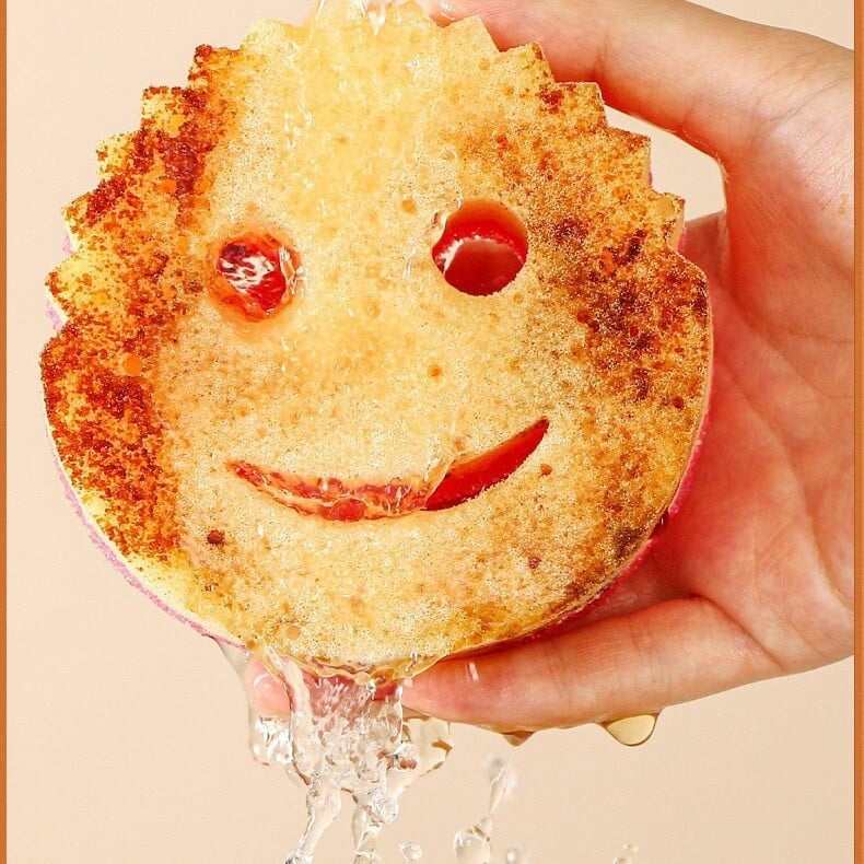 Burete de Vase, Vivimall, Rotund, din Burete PU, Model Smiley Face, Doua Fete, 10 x 4 cm, Portocaliu/Galben - vivimall.ro