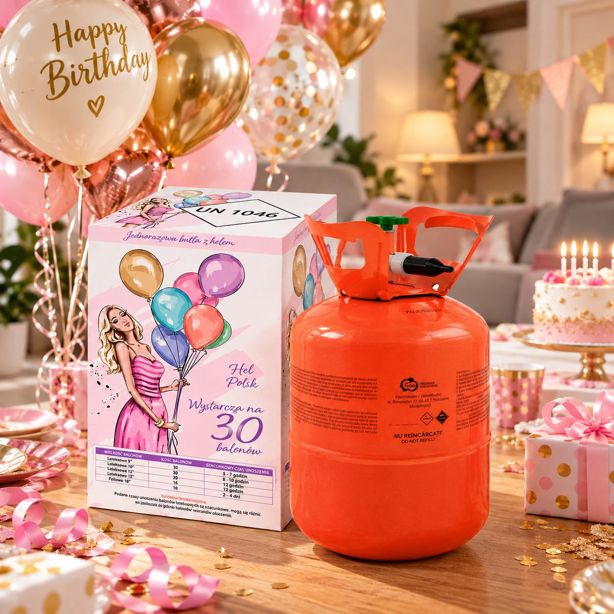 Butelie Heliu de Unică Folosință pentru 30 Baloane Latex, 0.20 m³