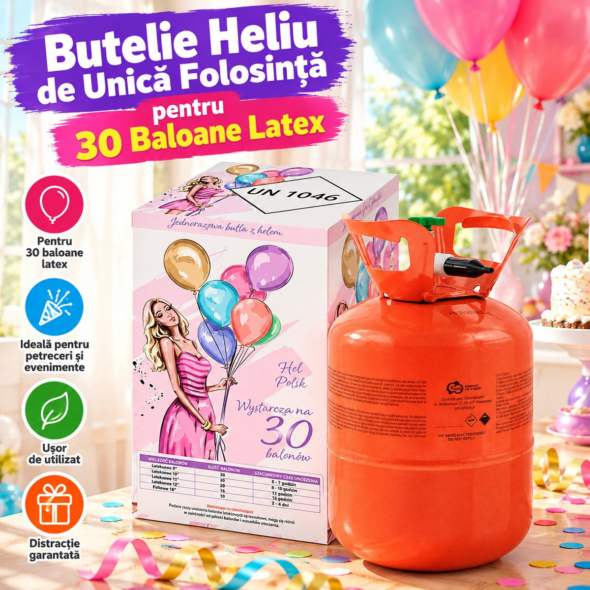 Butelie Heliu de Unică Folosință pentru 30 Baloane Latex, 0.20 m³