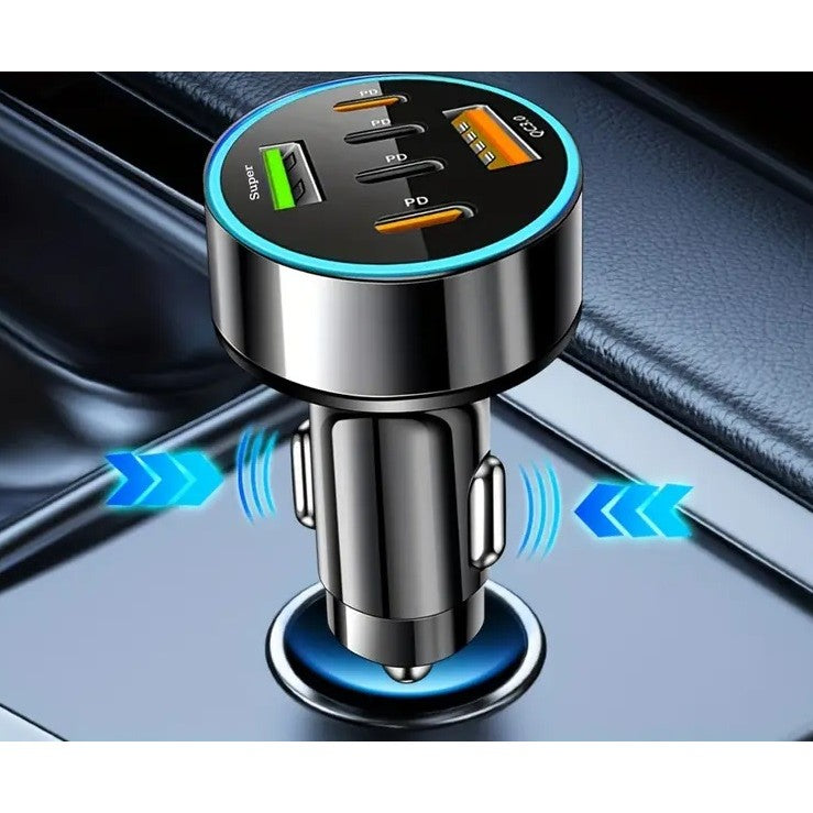 Încărcător auto multifuncțional 6 în 1, afișaj LED tensiune, porturi USB și Type-C vizibile, unghi lateral