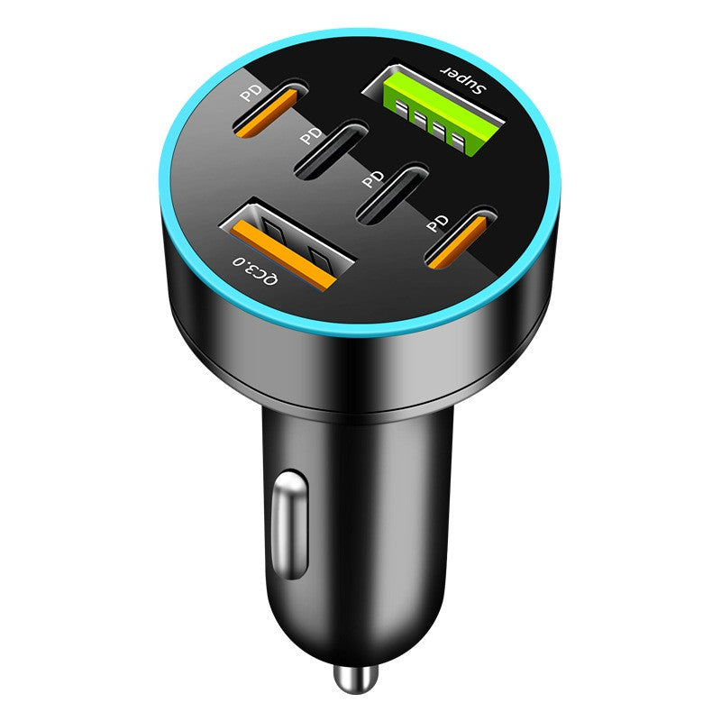 Încărcător auto 6 în 1 Vivimall cu 2 porturi USB QC3.0 și 4 porturi Type-C PD 65W, vedere frontală, culoare neagră