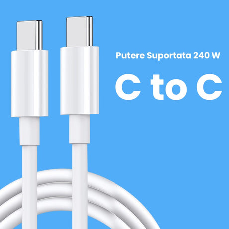 Cablu de Date pentru Telefon, Flippy, Cablu TYPE-C to TYPE-C Universal, Compatibil cu iOS si Android, Putere Suportata 240W, Fire 160 cupru, 1.5M, Simplu, Alb - vivimall.ro