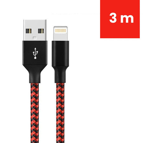 Cablu de Date pentru Telefon, Flippy, Cablu USB spre Lightning Compatibil cu iPhone, Lungime 3 M, Impletit Triunghiular in 2 culori, Rosu Negru - vivimall.ro