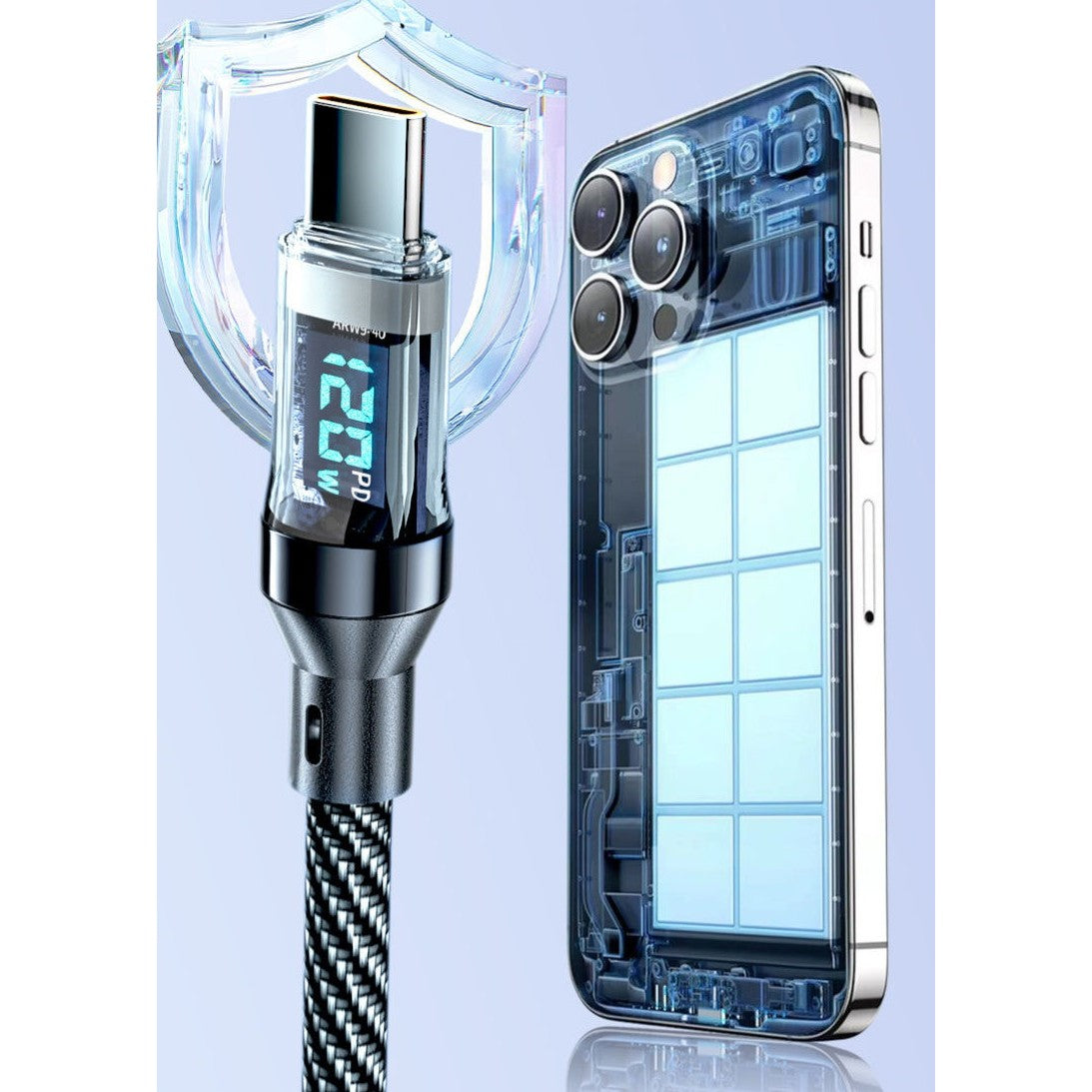 Cablu Type C Vivimall conectat la dispozitiv Xiaomi, afișaj LED aprins, vedere laterală