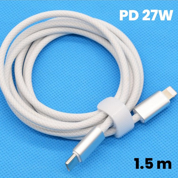 Cablu de Incarcare Rapida pentru Telefon, Flippy, Power Delivery 27W, Potrivit Compatibil cu iPhone, Impletit texturat cu Nailon, C to Lightning, 1.5 m 160 cupru, Alb - vivimall.ro