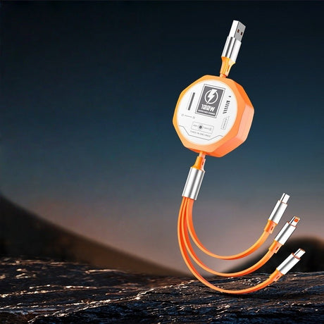 Cablu Retractabil 3in 1 pentru Telefon, Flippy, Cablu de incarcare rapida 100W, stil Mecha, potrivit pentru Auto, Universal 1.2M, Portocaliu - vivimall.ro