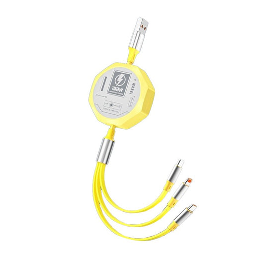 Cablu Retractabil 3in 1 pentru Telefon, Vivimall, Cablu de incarcare rapida 100W, stil Mecha, potrivit pentru Auto, Universal 1.2M, Galben - vivimall.ro