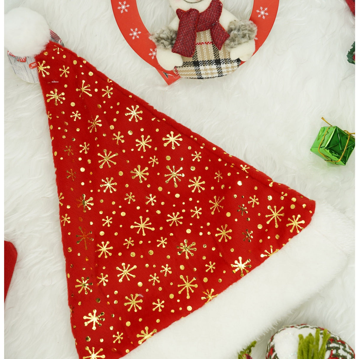 Caciulita De Mos Craciun,Cu Ornament Fulg De Nea, Rosie, Marime Universala, Material Textil