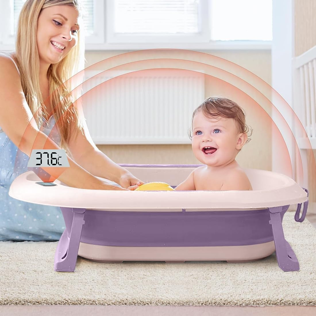 Cada De Baie, Pentru Copii 0 Luni - 6 Ani, Cu Termometru, Pliabila, Perna Suport Inclusa, Din Plastic, 81.5 X 49 X 21.5 Cm - vivimall.ro