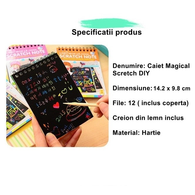 Caiet Cu Fise Razuibile Diy Magic Scratch, 12 File, Curcubeu, Creion Din Lemn, Cartonase Negre, 14.2 X 9.8 Cm