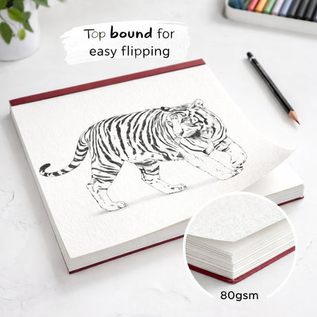 Detaliu copertă carton vișiniu caiet schiță Flippy Perfect Bound 300g, unghi lateral cu spine