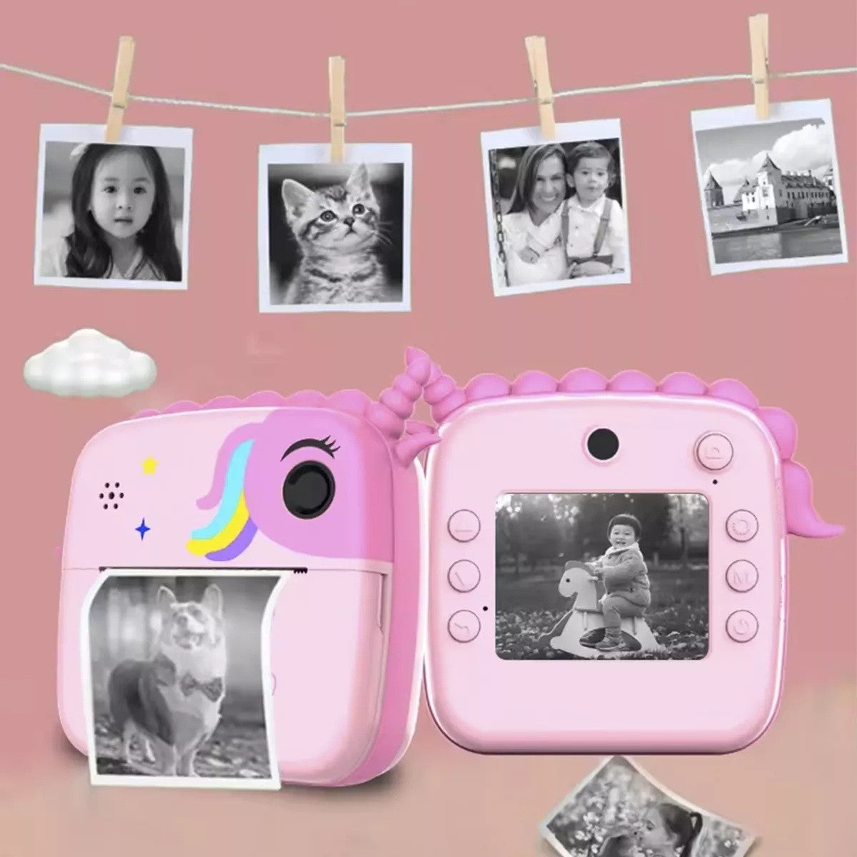 Camera Instantanee Pentru Copii, Camera Frontala + Selfie, Cu Functie De Printare, Cablu Usb-C, Bluetooth, Compatibil Ios/Android, Snur Inclus - vivimall.ro