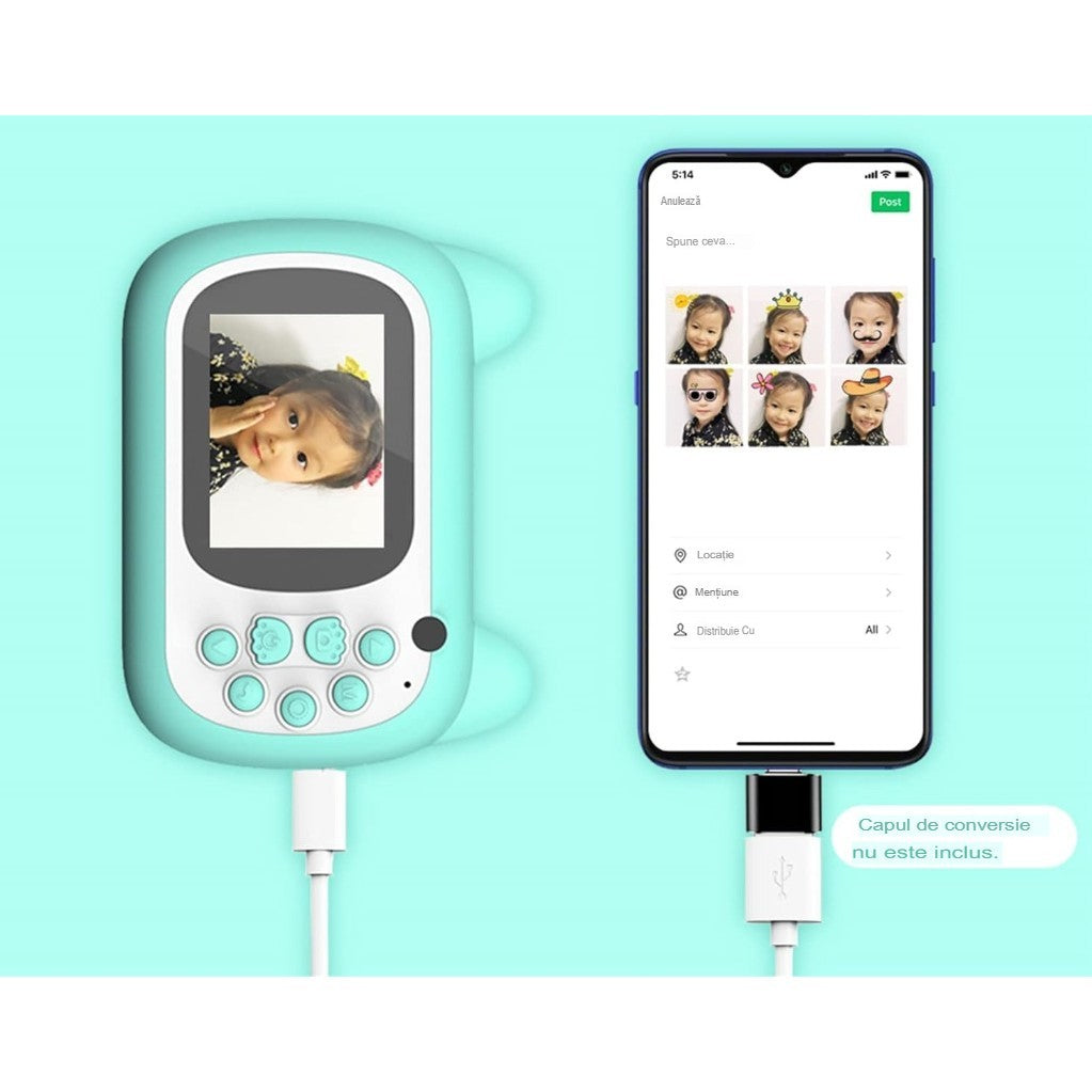 Camera Instantanee Pentru Copii, Camera Frontala + Selfie, Cu Functie De Printare, Cablu Usb-C, Bluetooth, Compatibil Ios/Android, Imprimare App - vivimall.ro