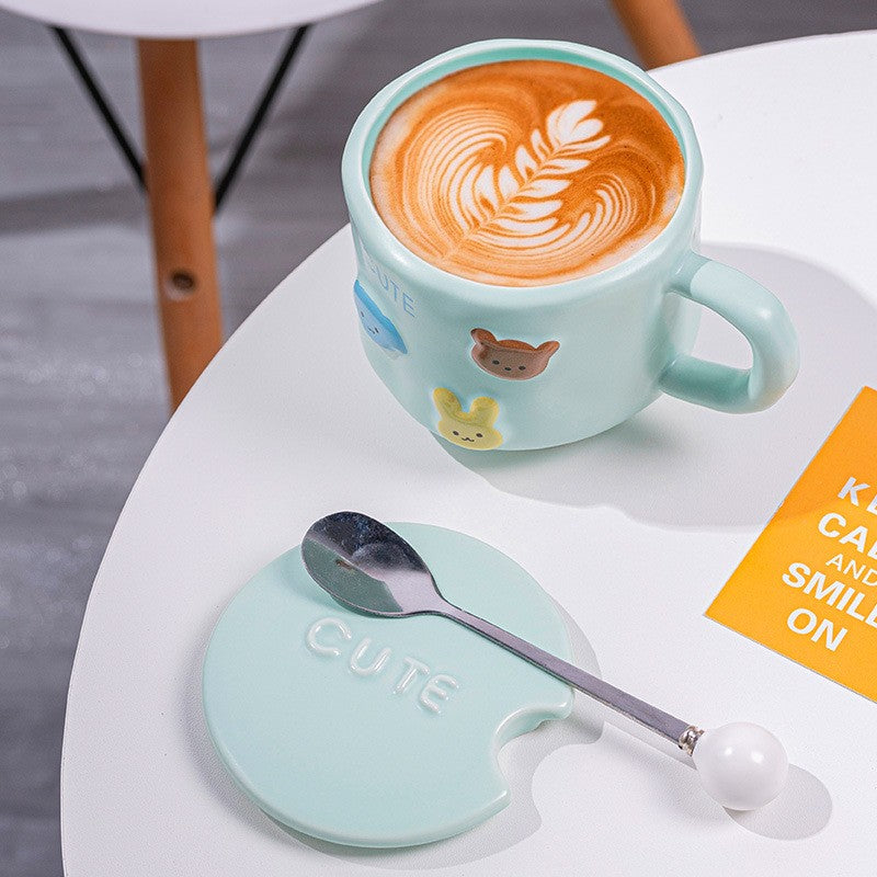Cana Ceramica, Din Portelan, Print Figurine Animalute, Cana Penru Copii, Model Cute, Cana Cu Lingura Si Capac, Ceasca Pentru Cafea, Ceai, 400Ml - vivimall.ro