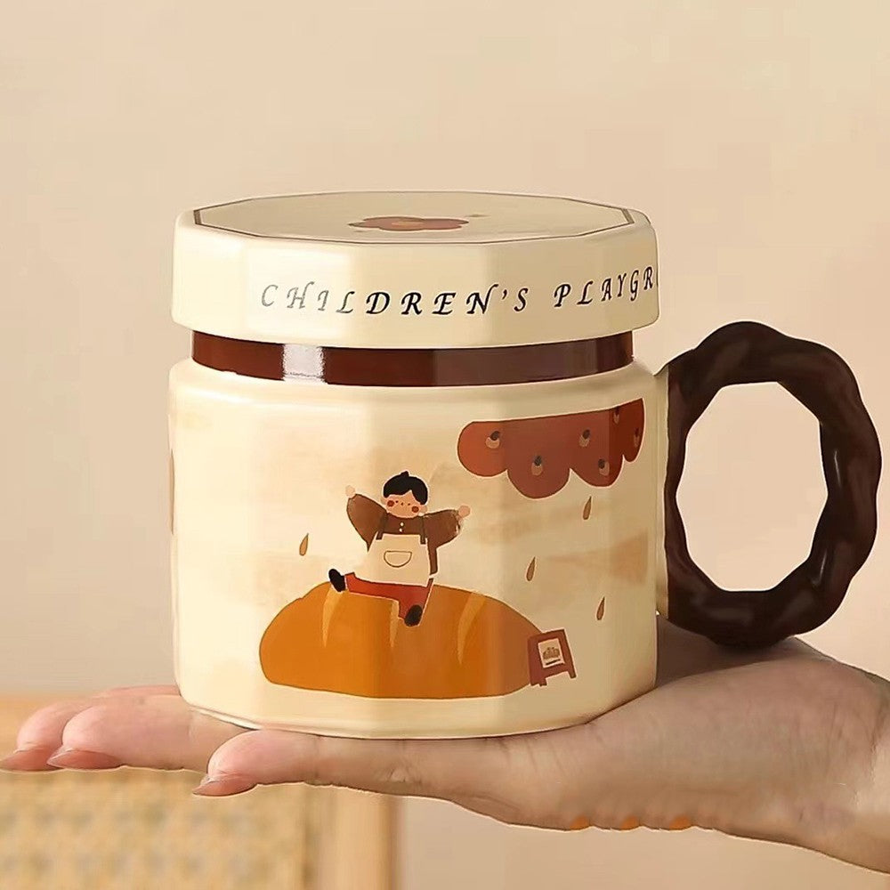 Cana Din Ceramica, Cana Pentru Cafea, Ceai, Cana Universala, Unisex, Cana Cu Capac, 9 X 8 X 8 Cm, 400 Ml, Model Baietel Bej - vivimall.ro