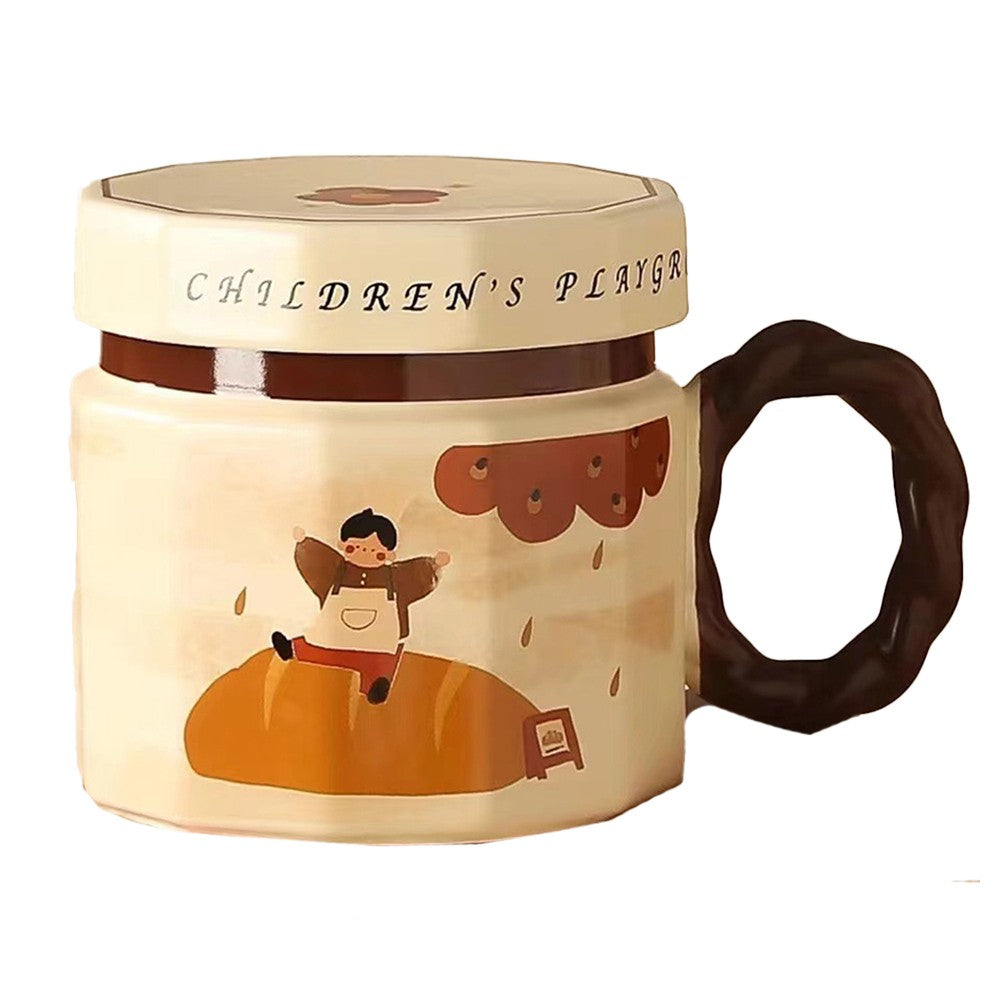 Cana din ceramica, Vivimall, Cana pentru Cafea, Ceai, Cana Universala, Unisex, Cana cu Capac, 9 x 8 x 8 cm, 400 ml, Model Baietel Bej - vivimall.ro