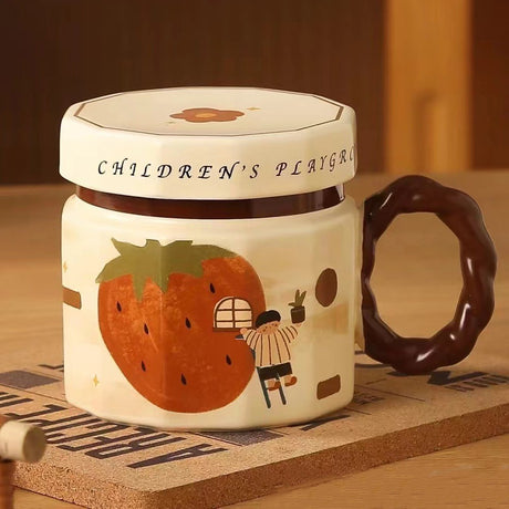 Cana Din Ceramica, Cana Pentru Cafea, Ceai, Cana Universala, Unisex, Cana Cu Capac, 9 X 8 X 8 Cm, 400 Ml, Model Capsuna, Bej - vivimall.ro