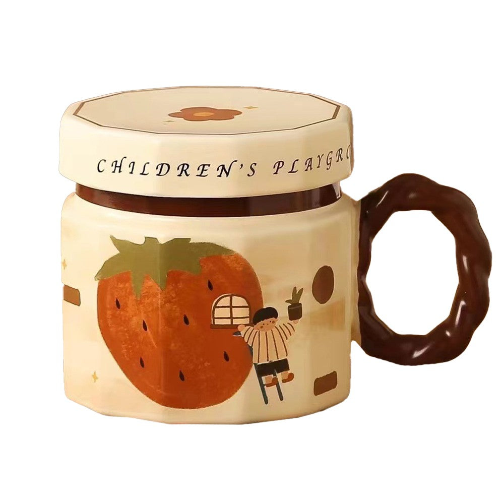 Cana din ceramica, Vivimall, Cana pentru Cafea, Ceai, Cana Universala, Unisex, Cana cu Capac, 9 x 8 x 8 cm, 400 ml, Model Capsuna, Bej