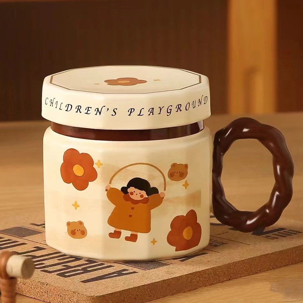 Cana Din Ceramica, Cana Pentru Cafea, Ceai, Cana Universala, Unisex, Cana Cu Capac, 9 X 8 X 8 Cm, 400 Ml, Model Fetita Cu Coarda, Bej - vivimall.ro
