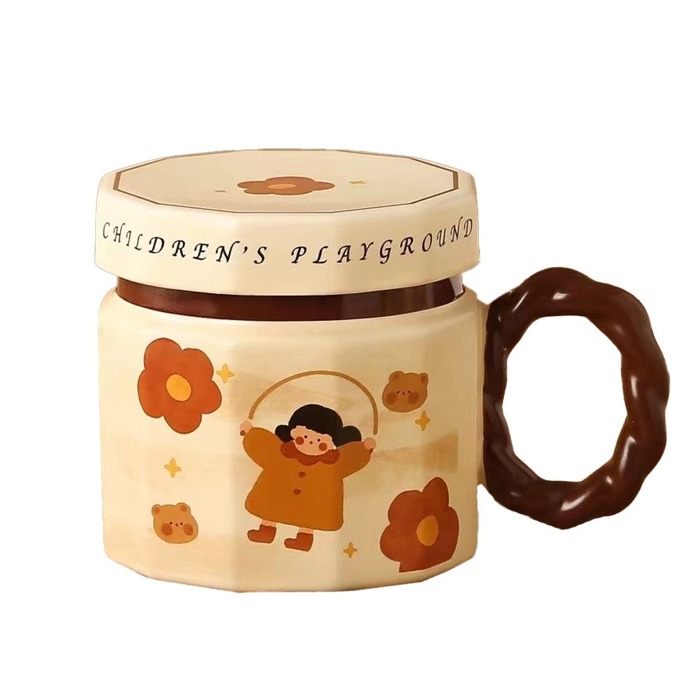 Cana Din Ceramica, Cana Pentru Cafea, Ceai, Cana Universala, Unisex, Cana Cu Capac, 9 X 8 X 8 Cm, 400 Ml, Model Fetita Cu Coarda, Bej - vivimall.ro