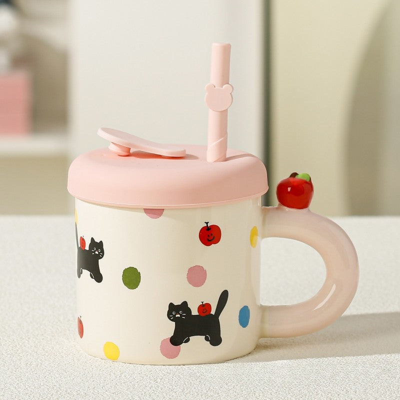 Cana Din Ceramica Cu Capac Si Pai, Capacul Si Paiul Din Silicon Roz, 9X8.5 Cm, Model Cute B, Capacitate 380Ml - vivimall.ro