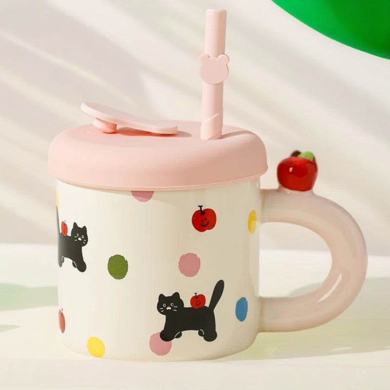 Cana Din Ceramica Cu Capac Si Pai, Capacul Si Paiul Din Silicon Roz, 9X8.5 Cm, Model Cute B, Capacitate 380Ml - vivimall.ro