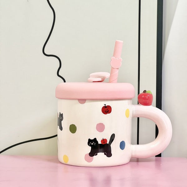 Cana din Ceramica cu Capac si Pai, Vivimall, Capacul si Paiul din Silicon Roz, 9x8.5 cm, Model Cute B, Capacitate 380ml - vivimall.ro