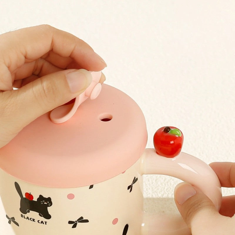 Cana Din Ceramica Cu Capac Si Pai, Capacul Si Paiul Din Silicon Roz, 9X8.5 Cm, Model Cute C, Capacitate 380Ml - vivimall.ro