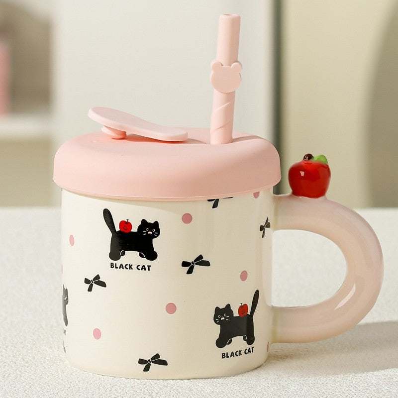 Cana Din Ceramica Cu Capac Si Pai, Capacul Si Paiul Din Silicon Roz, 9X8.5 Cm, Model Cute C, Capacitate 380Ml - vivimall.ro