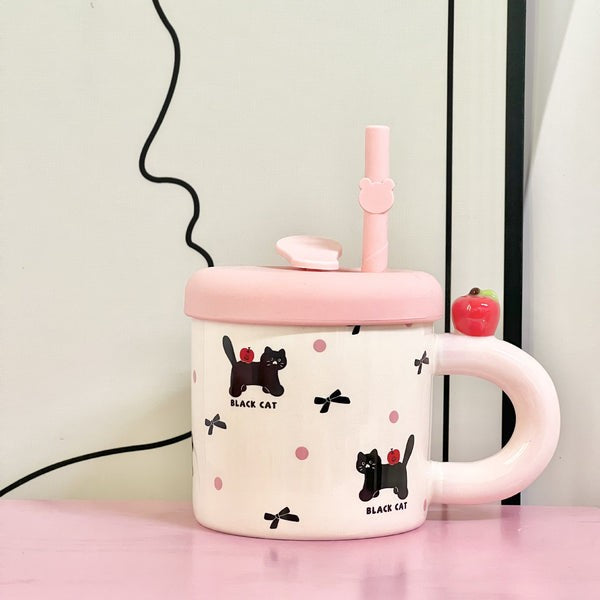 Cana Din Ceramica Cu Capac Si Pai, Capacul Si Paiul Din Silicon Roz, 9X8.5 Cm, Model Cute C, Capacitate 380Ml - vivimall.ro