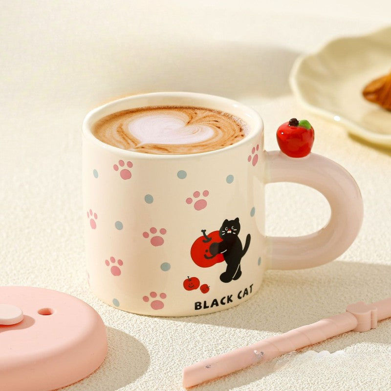 Cana Din Ceramica Cu Capac Si Pai, Capacul Si Paiul Din Silicon Roz, 9X8.5 Cm, Model Cute D, Capacitate 380Ml - vivimall.ro