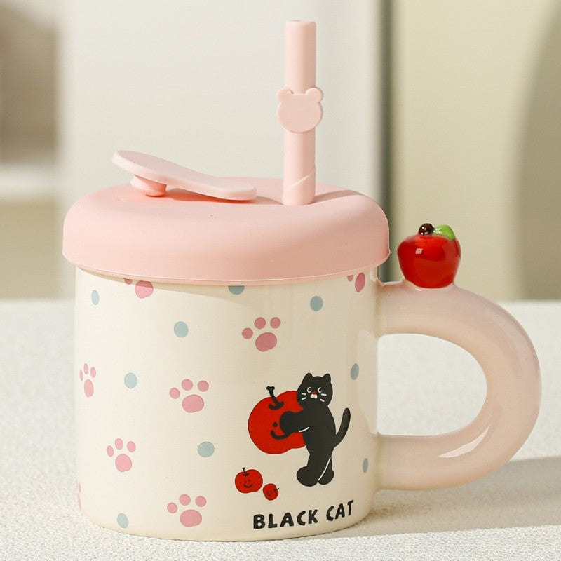 Cana Din Ceramica Cu Capac Si Pai, Capacul Si Paiul Din Silicon Roz, 9X8.5 Cm, Model Cute D, Capacitate 380Ml - vivimall.ro