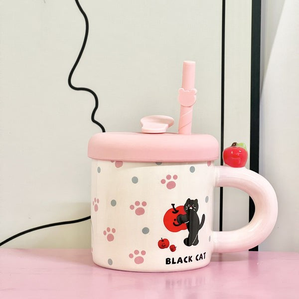 Cana Din Ceramica Cu Capac Si Pai, Capacul Si Paiul Din Silicon Roz, 9X8.5 Cm, Model Cute D, Capacitate 380Ml - vivimall.ro