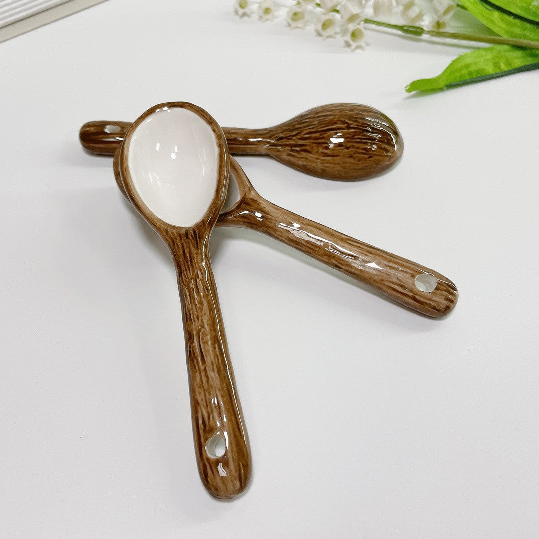 Cana Din Ceramica, 201-300 Ml, Cu Lingurita, Model Nuca De Cocos, Maro - vivimall.ro