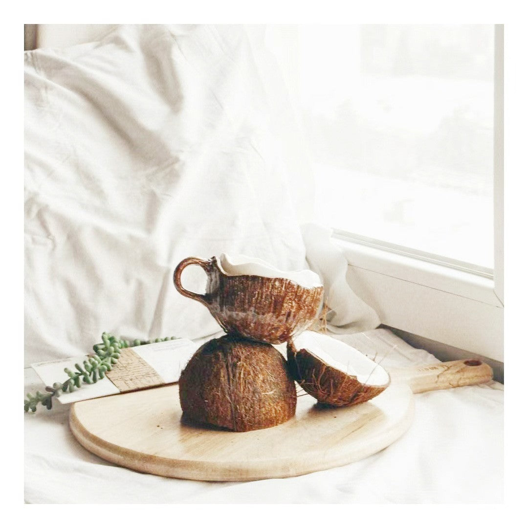 Cana Din Ceramica, 201-300 Ml, Cu Lingurita, Model Nuca De Cocos, Maro - vivimall.ro