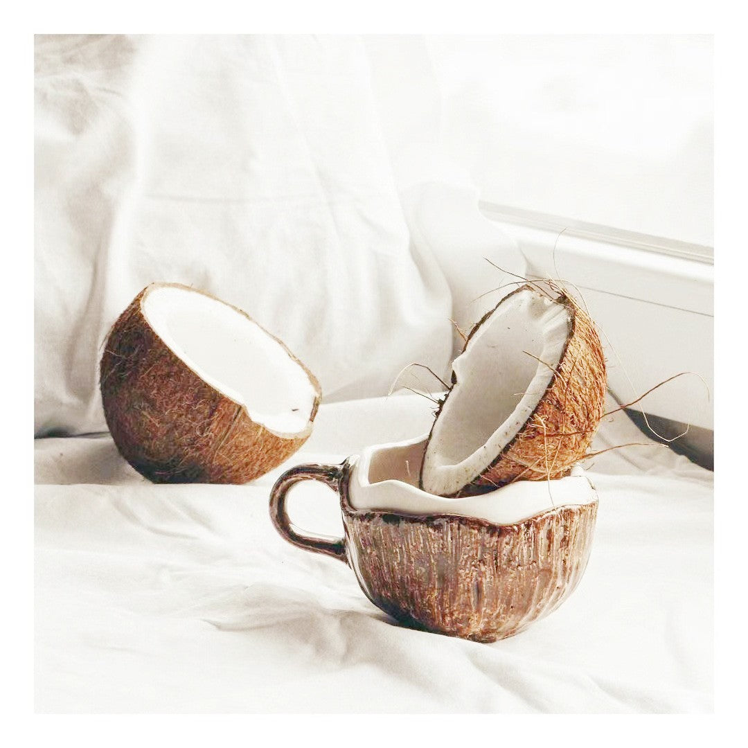 Cana Din Ceramica, 201-300 Ml, Cu Lingurita, Model Nuca De Cocos, Maro - vivimall.ro