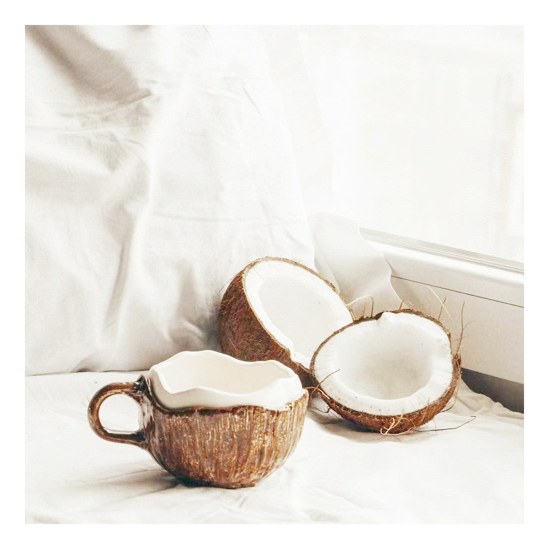 Cana Din Ceramica, 201-300 Ml, Cu Lingurita, Model Nuca De Cocos, Maro - vivimall.ro