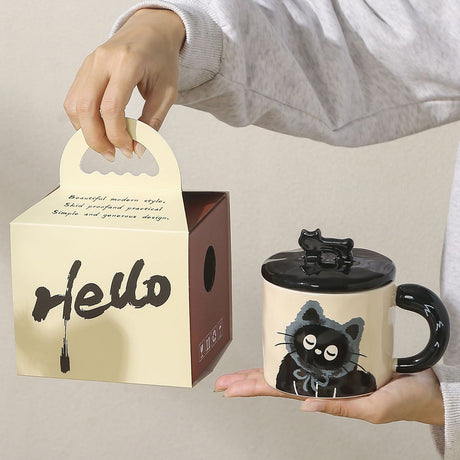 Cana Din Ceramica, Model In Cutie Pentru Cadou, Cana Pentru Ceai, Cafea, Cana Retro Design Capac Cu Figurina 3D, 9.5 X 8 X 8 Cm, 360 Ml, Bej, Print Pisica Albastru Negru - vivimall.ro