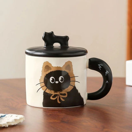 Cana din Ceramica, Vivimall, Model in Cutie pentru Cadou, Cana pentru Ceai, Cafea, Cana Retro Design Capac cu Figurina 3D, 9.5 x 8 x 8 cm, 360 ml, Bej, Print Pisica Maro Negru - vivimall.ro