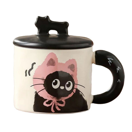 Cana Din Ceramica, Model In Cutie Pentru Cadou, Cana Pentru Ceai, Cafea, Cana Retro Design Capac Cu Figurina 3D, 9.5 X 8 X 8 Cm, 360 Ml, Bej, Print Pisica Albastru Negru - vivimall.ro