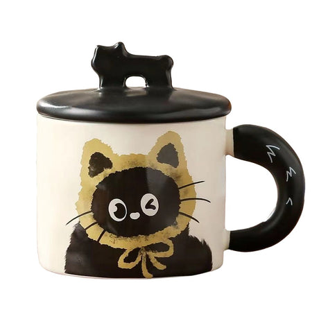 Cana Din Ceramica, Model In Cutie Pentru Cadou, Cana Pentru Ceai, Cafea, Cana Retro Design Capac Cu Figurina 3D, 9.5 X 8 X 8 Cm, 360 Ml, Bej, Print Pisica Albastru Negru - vivimall.ro