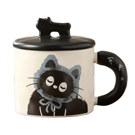 Cana Din Ceramica, Model In Cutie Pentru Cadou, Cana Pentru Ceai, Cafea, Cana Retro Design Capac Cu Figurina 3D, 9.5 X 8 X 8 Cm, 360 Ml, Bej, Print Pisica Albastru Negru - vivimall.ro