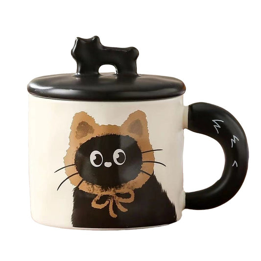 Cana din Ceramica, Flippy, Model in Cutie pentru Cadou, Cana pentru Ceai, Cafea, Cana Retro Design Capac cu Figurina 3D, 9.5 x 8 x 8 cm, 360 ml, Bej, Print Pisica Maro Negru