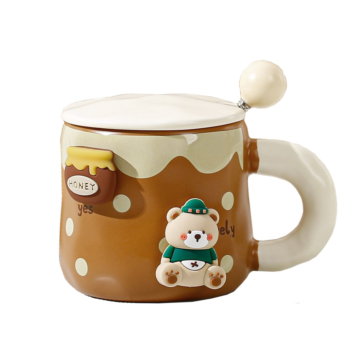 Cana din Ceramica, Vivimall, Model Urs pentru Baieti, Cana Universala, Cana pentru Ceai, Cana cu Lingura Metalica si Capac, 9.6 x  9.5 x 9.5 cm, 400 ml Maro inchis - vivimall.ro