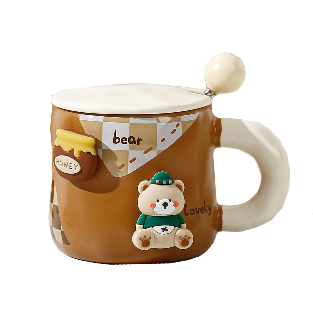 Cana Din Ceramica, Model Urs Pentru Baieti, Cana Universala, Cana Pentru Ceai, Cana Cu Lingura Metalica Si Capac, 9.6 X 9.5 X 9.5 Cm, 400 Ml - vivimall.ro