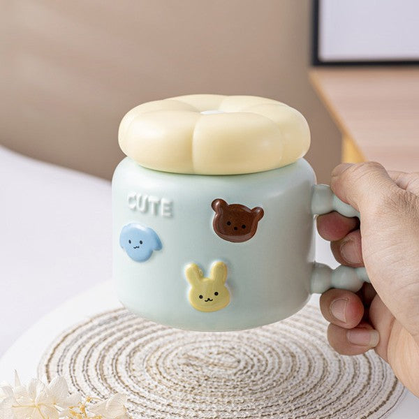 Cana Pentru Copii, Din Portelan, Print Figurine Animalute, Model Cute, Cana Cu Capac, Ceasca Pentru Cafea, Ceai, 400Ml Deschis - vivimall.ro