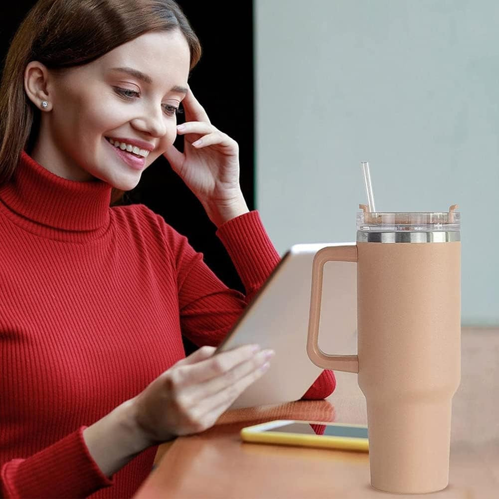 Cana Termos Din Plastic, Pentru Bauturi Calde Si Reci, Cu Maner, 9.9X9.9X27 Cm, Roz Pal - vivimall.ro