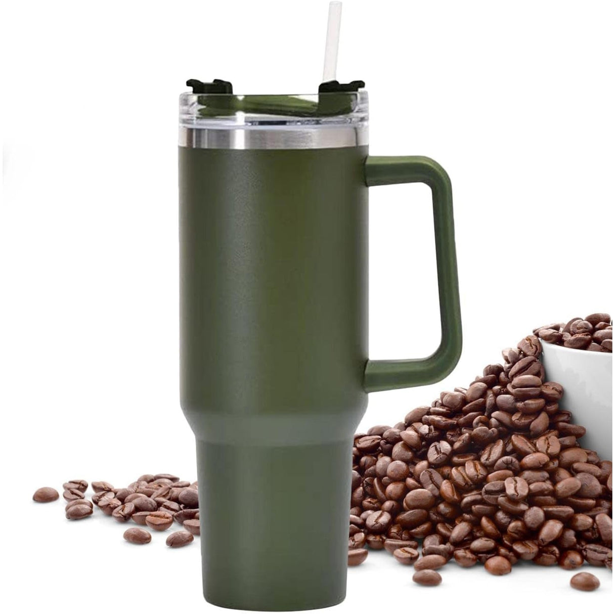 Cana Termos Din Plastic, Pentru Bauturi Calde Si Reci, Cu Maner, 9.9X9.9X27 Cm, Verde Army - vivimall.ro